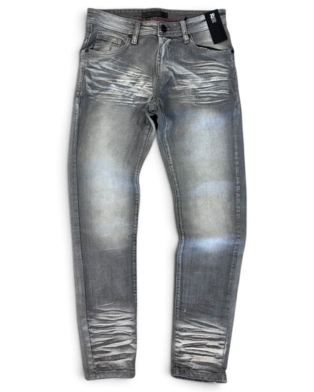 Distressed gray denim jeans with a faded wash and ripped detailing, shown flat against a white background.