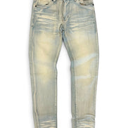 Light-wash distressed skinny jeans in a faded off-white denim color, shown flat against a white background.