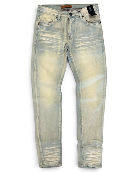 Light-wash distressed skinny jeans in a faded off-white denim color, shown flat against a white background.