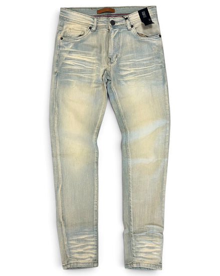 Light-wash distressed skinny jeans in a faded off-white denim color, shown flat against a white background.