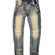 Light wash blue denim jeans with a faded cream-colored distressed pattern on the front, shown flat against a white background.