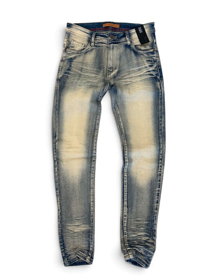 Light wash blue denim jeans with a faded cream-colored distressed pattern on the front, shown flat against a white background.