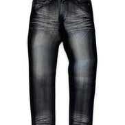 A pair of slim-fit jeans in a washed black denim wash with faded gray highlights, shown flat against a white background.