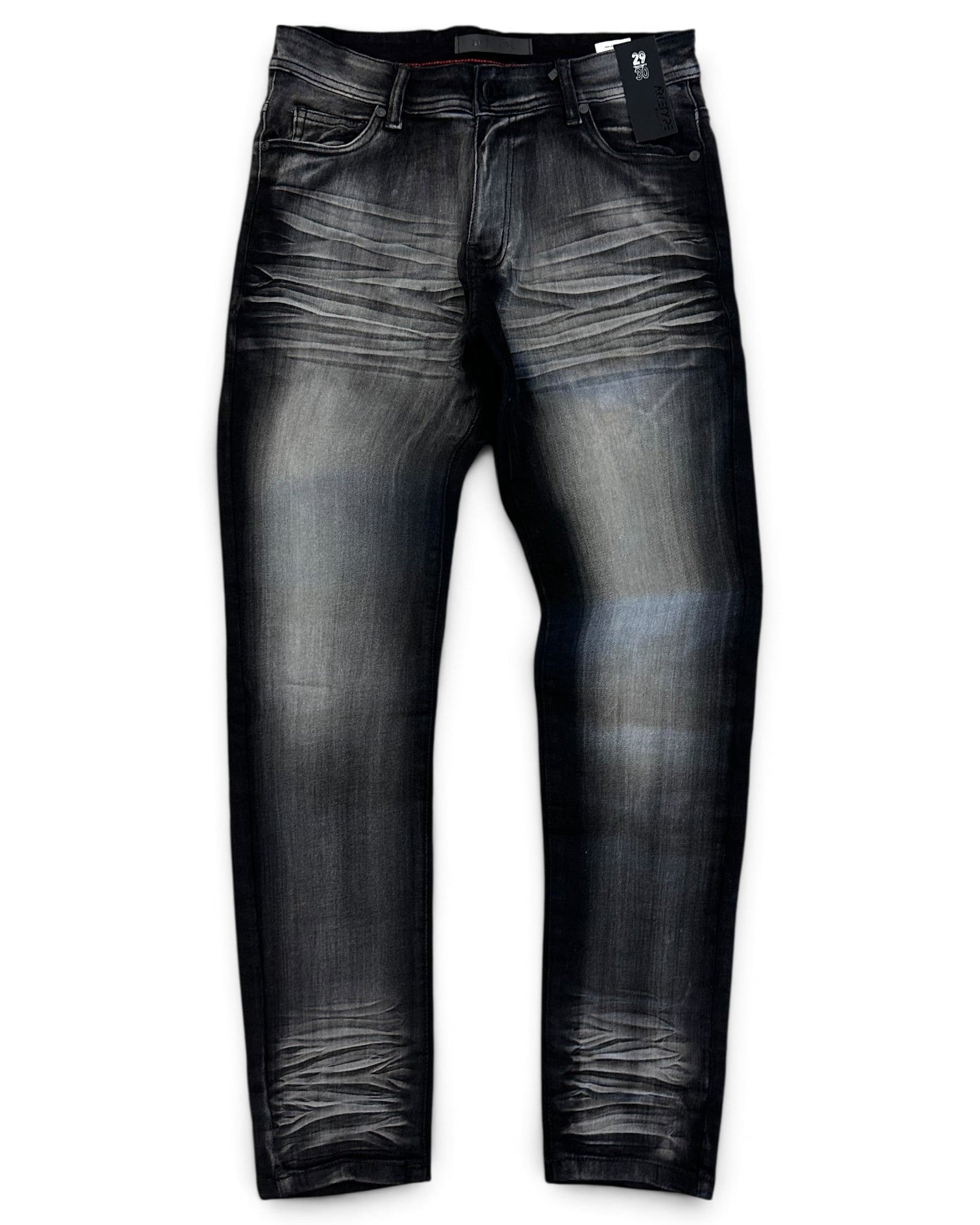 A pair of slim-fit jeans in a washed black denim wash with faded gray highlights, shown flat against a white background.