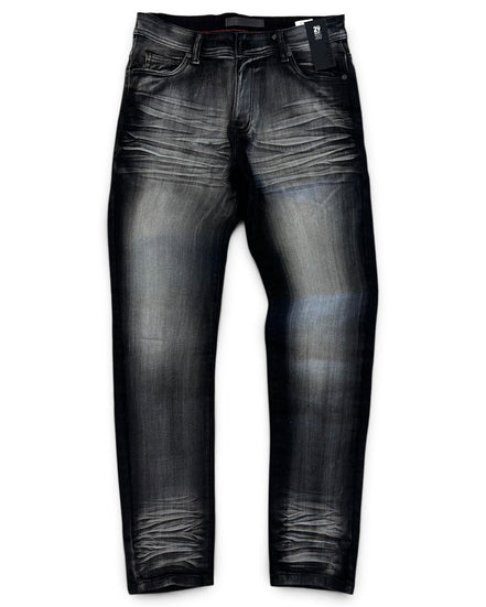 A pair of slim-fit jeans in a washed black denim wash with faded gray highlights, shown flat against a white background.