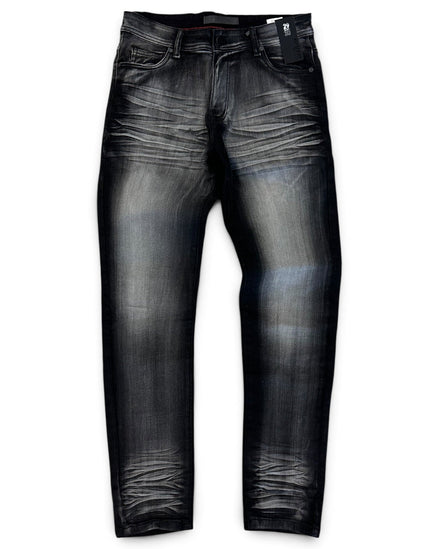 A pair of slim-fit jeans in a washed black denim wash with faded gray highlights, shown flat against a white background.
