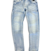 Light blue distressed skinny jeans with a faded wash and cuffed hems, shown flat against a white background.