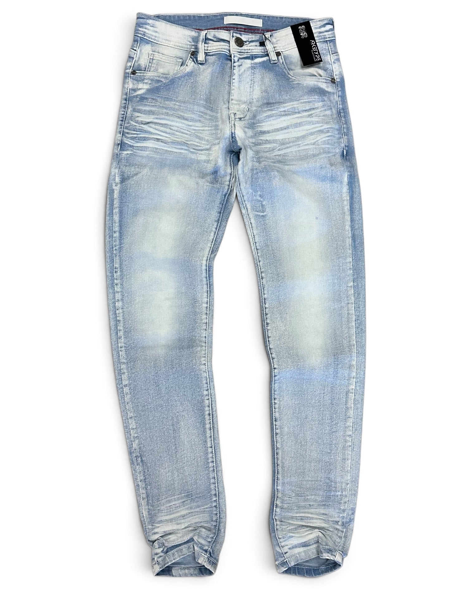 Light blue distressed skinny jeans with a faded wash and cuffed hems, shown flat against a white background.