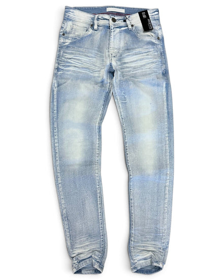 Light blue distressed skinny jeans with a faded wash and cuffed hems, shown flat against a white background.