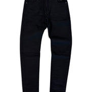 Black slim-fit jeans shown flat against a plain white background, displaying the front pockets, waistband, and button closure.