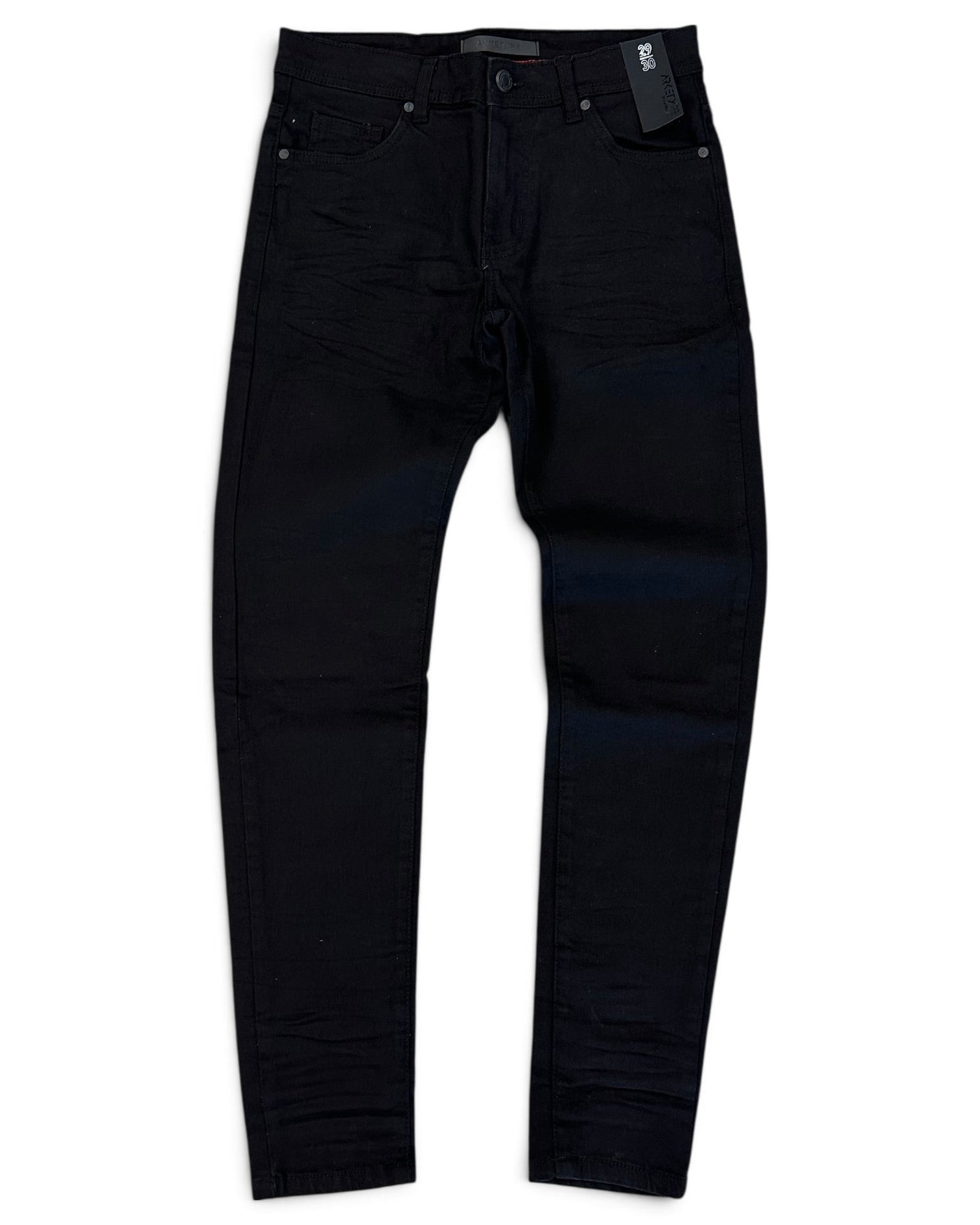 Black slim-fit jeans shown flat against a plain white background, displaying the front pockets, waistband, and button closure.