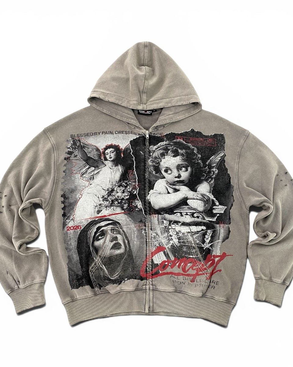 A light gray zip-up hoodie featuring a large graphic collage print on the front with black-and-white images of religious figures and red text reading 'Concept' and 'Saints'.