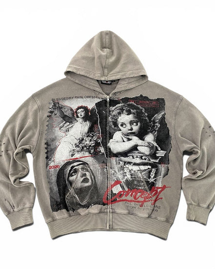 A light gray zip-up hoodie featuring a large graphic collage print on the front with black-and-white images of religious figures and red text reading 'Concept' and 'Saints'.
