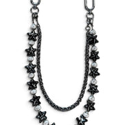 A black metal chain accessory featuring star-shaped charms, some black and some clear rhinestone-encrusted, with two silver-toned lobster clasp ends, shown on a plain white background.