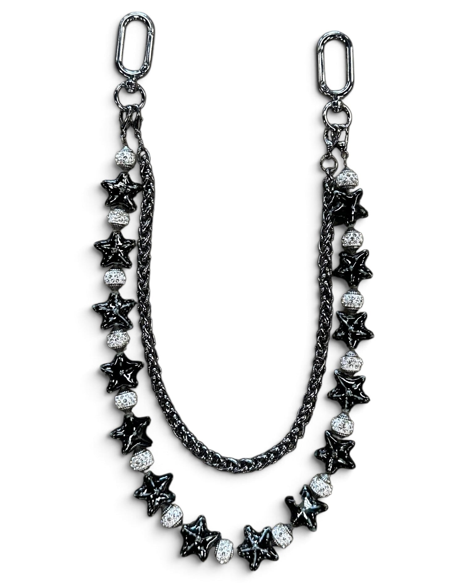 A black metal chain accessory featuring star-shaped charms, some black and some clear rhinestone-encrusted, with two silver-toned lobster clasp ends, shown on a plain white background.
