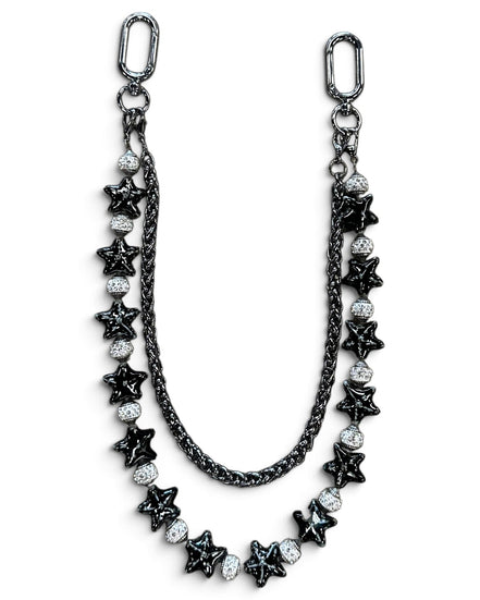 A black metal chain accessory featuring star-shaped charms, some black and some clear rhinestone-encrusted, with two silver-toned lobster clasp ends, shown on a plain white background.