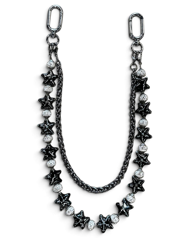 A black metal chain accessory featuring star-shaped charms, some black and some clear rhinestone-encrusted, with two silver-toned lobster clasp ends, shown on a plain white background.