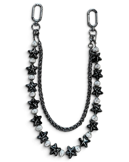 A black metal chain accessory featuring star-shaped charms, some black and some clear rhinestone-encrusted, with two silver-toned lobster clasp ends, shown on a plain white background.