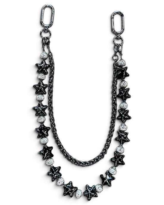 A black metal chain accessory featuring star-shaped charms, some black and some clear rhinestone-encrusted, with two silver-toned lobster clasp ends, shown on a plain white background.