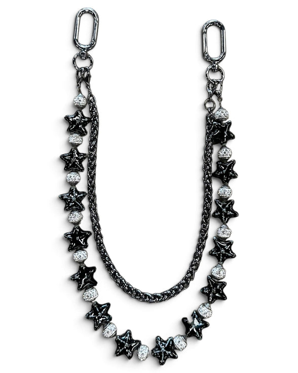A black metal chain accessory featuring star-shaped charms, some black and some clear rhinestone-encrusted, with two silver-toned lobster clasp ends, shown on a plain white background.