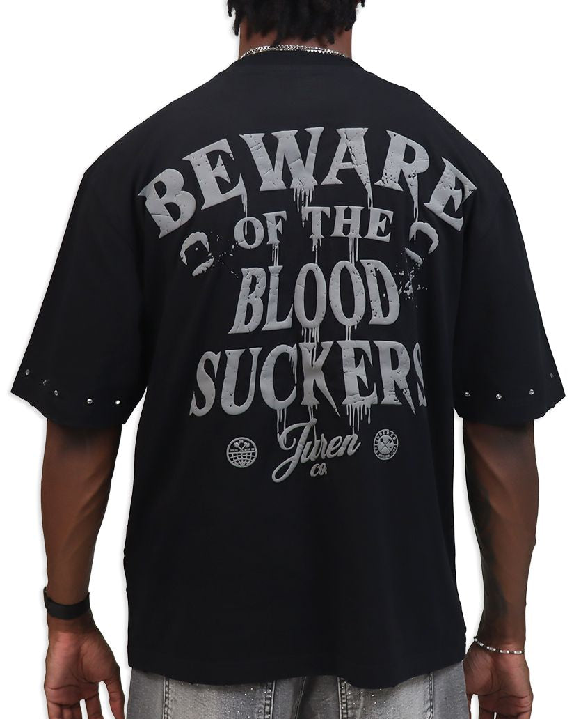 Black shirt with white text 'Beware of the Blood Suckers' on a white background