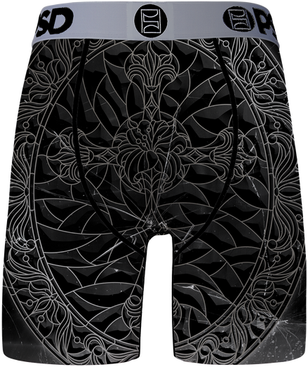 Black patterned boxer briefs with a gray waistband on a white background