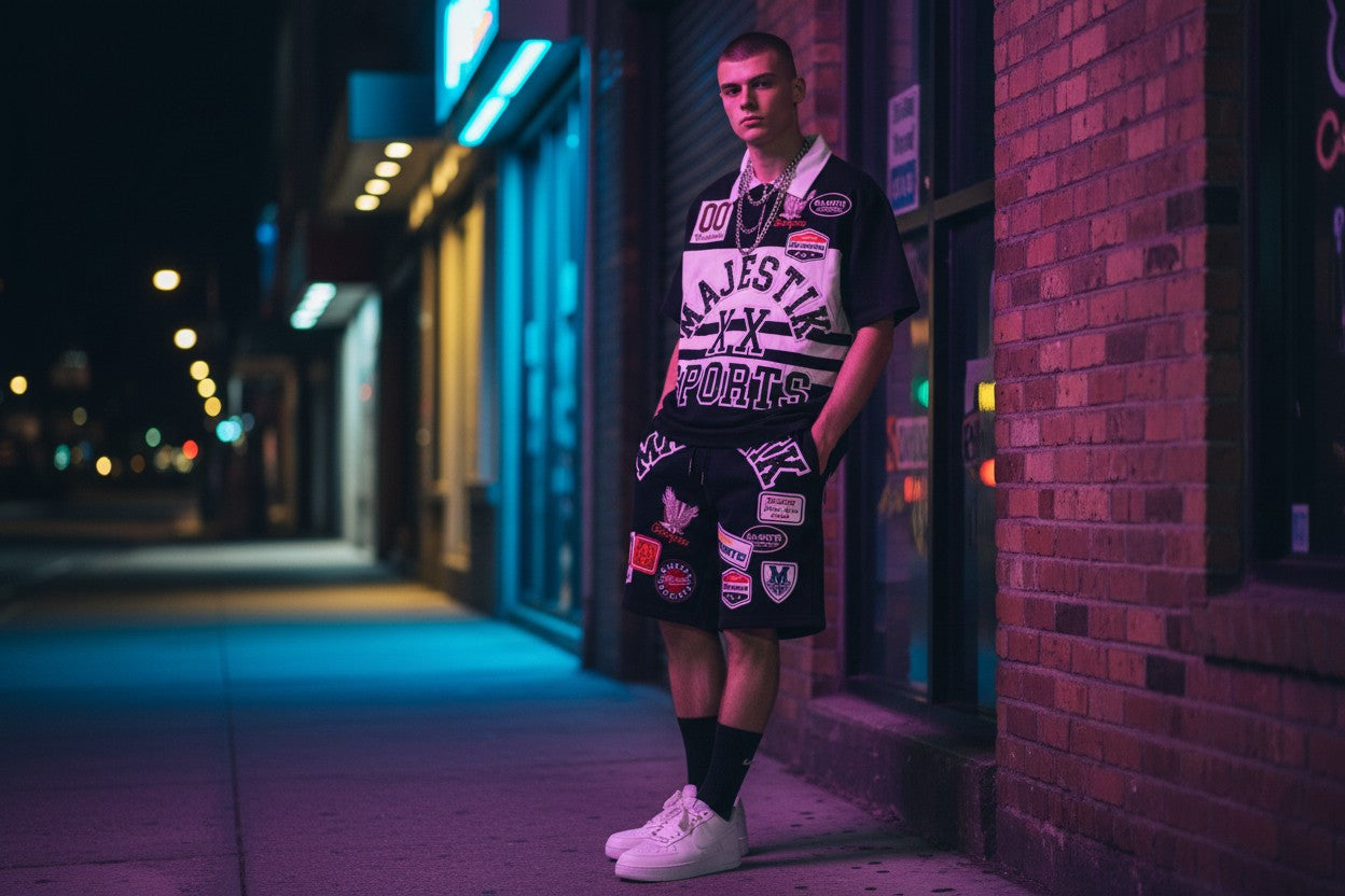CAUCASIAN MODEL WEARING A BLACK AND WHITE STRIPED POLO SHORT SET WITH DECORATIVE PATCHES AND MAJESTIK BRANDING