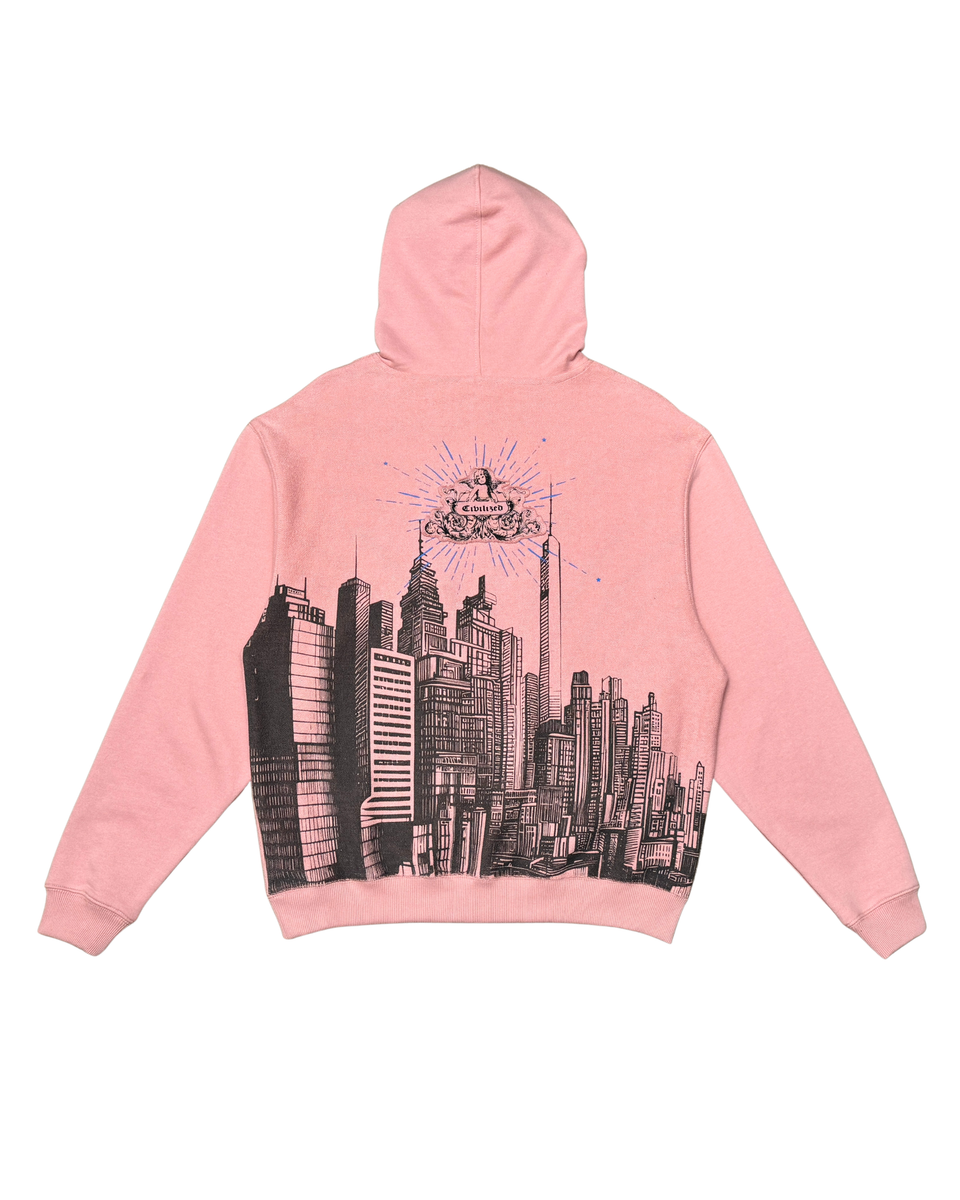 Pink hoodie with a black cityscape design on a white background