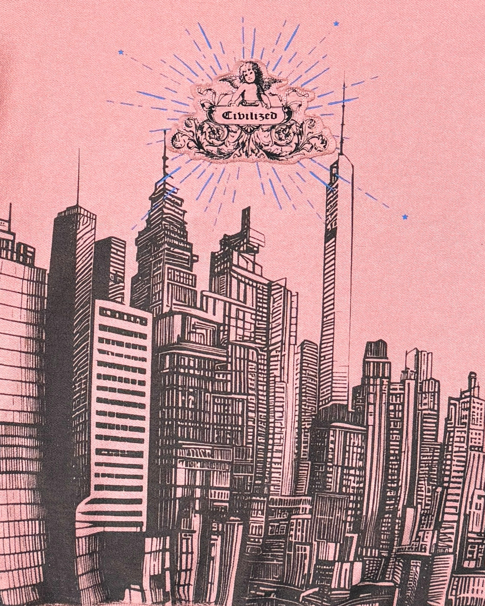 City skyline illustration with a logo on a pink background