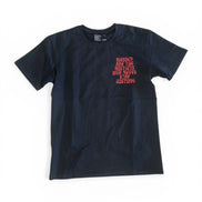 Black t-shirt with red text on a white background