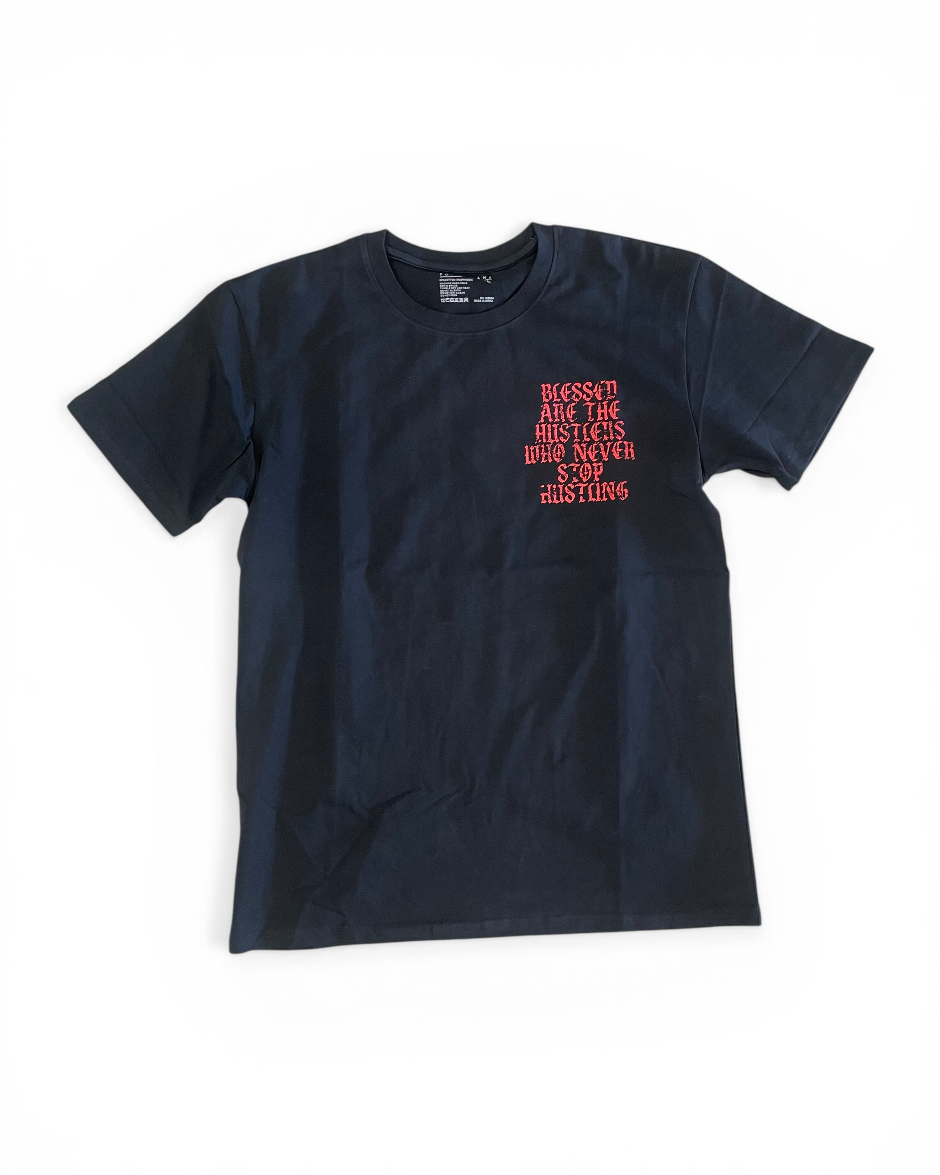 Black t-shirt with red text on a white background
