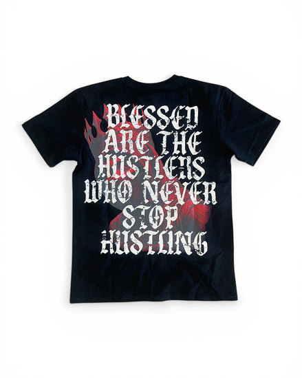 Black t-shirt with motivational quote on a white background