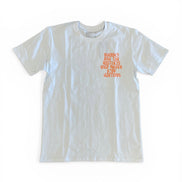 White t-shirt with red text on a white background