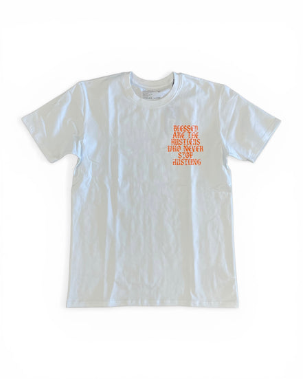 White t-shirt with red text on a white background