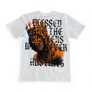 White t-shirt with graphic design and text on a white background