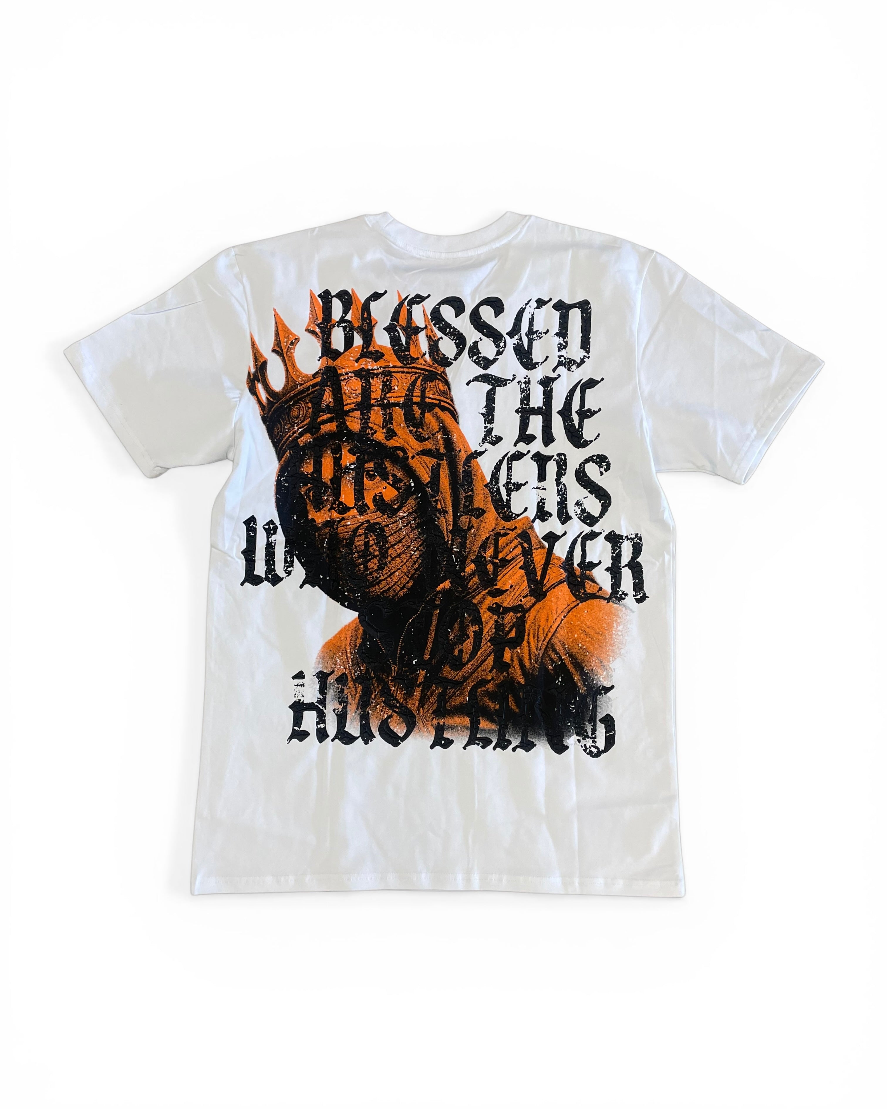 White t-shirt with graphic design and text on a white background