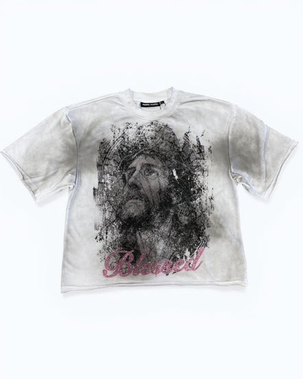White t-shirt with black graphic design and 'Blessed' text on a white background