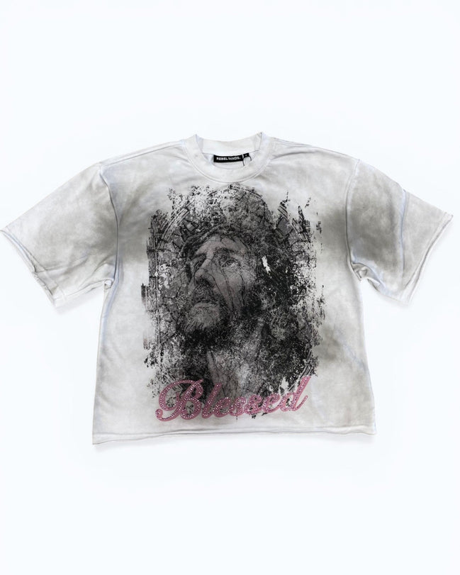 White t-shirt with black graphic design and 'Blessed' text on a white background