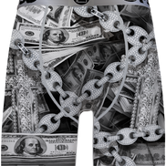 Boxer briefs with dollar bill and chain design on a white background