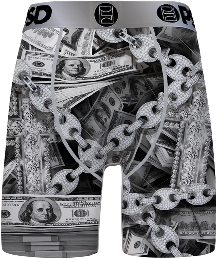 Boxer briefs with dollar bill and chain design on a white background