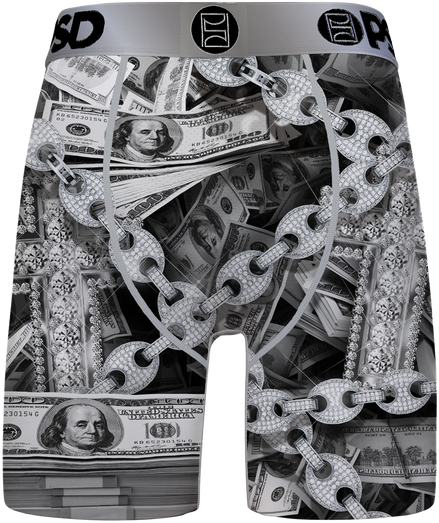 Boxer briefs with dollar bill and chain design on a white background