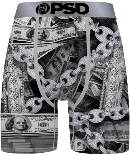 Boxer briefs with dollar bill and chain design, featuring the brand 'PSD'.