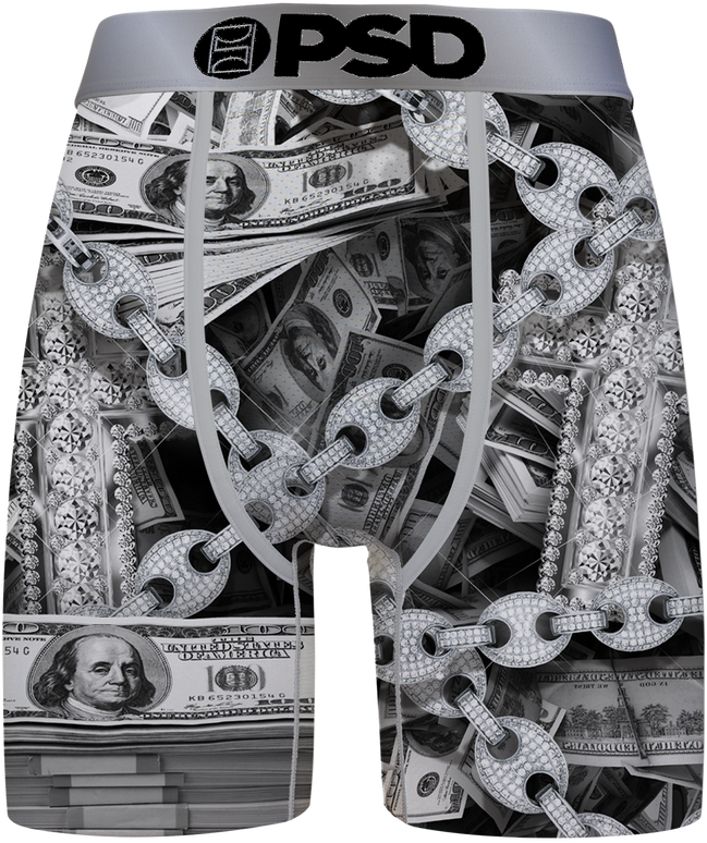 Boxer briefs with dollar bill and chain design, featuring the brand 'PSD'.