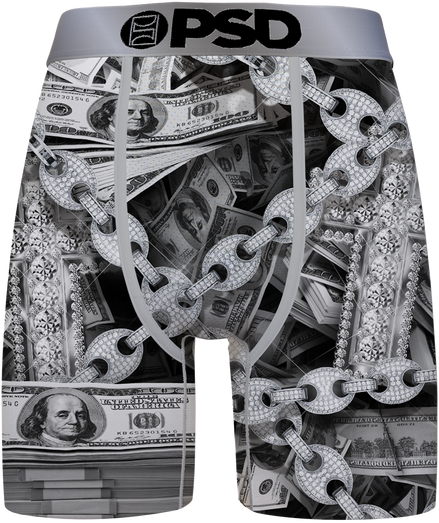 Boxer briefs with dollar bill and chain design, featuring the brand 'PSD'.