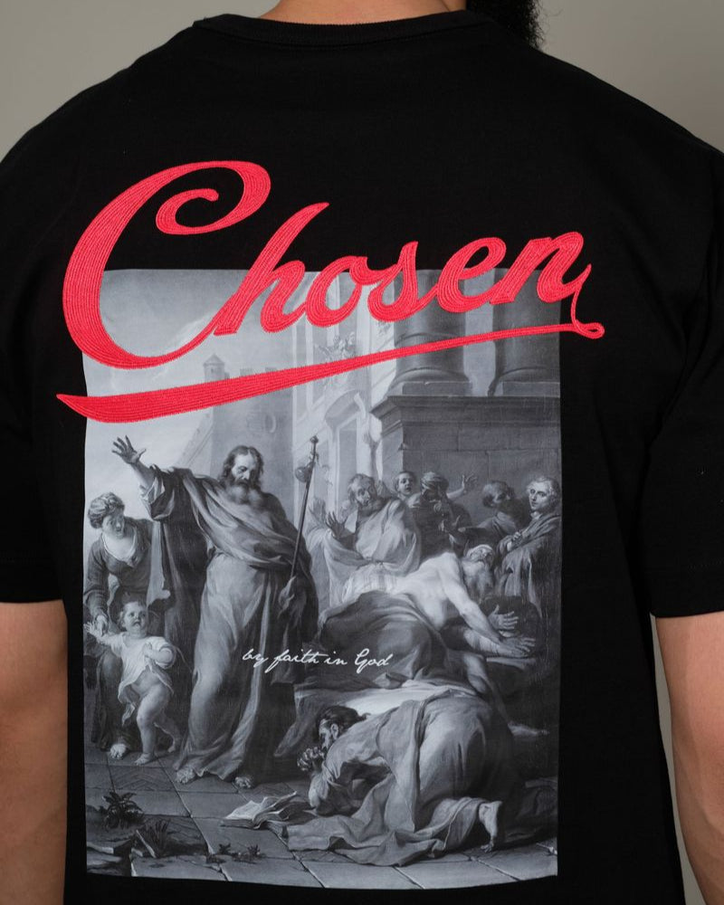 Back of black Blessings Tee by Chosen showing grayscale religious artwork and scripture-inspired design