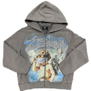 Grey zip hoodie with the graphic of a blind folded angel with rhinestone details at the top. 