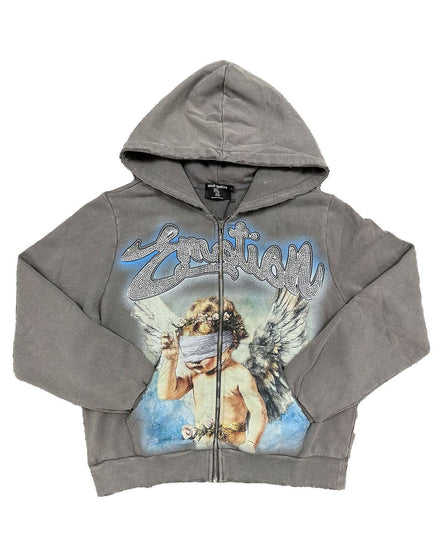 Grey zip hoodie with the graphic of a blind folded angel with rhinestone details at the top. 