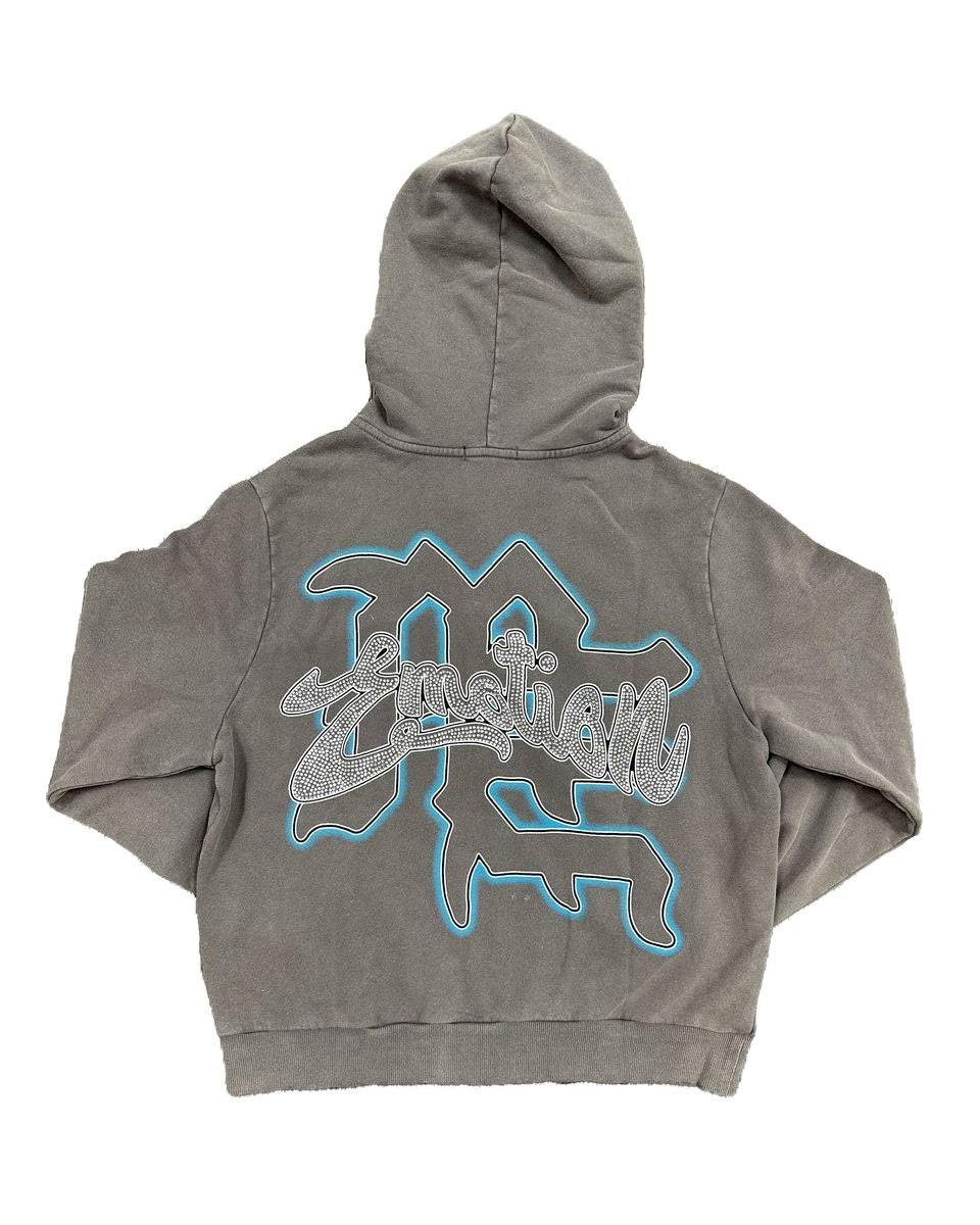 Grey hoodie with Mixed Emotions Branding and rhinestone details. 