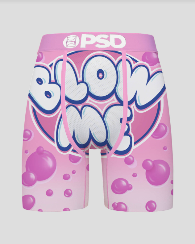 Pink BRIEFS with 'PSD' branding and 'BLOW ME' text on a gray background