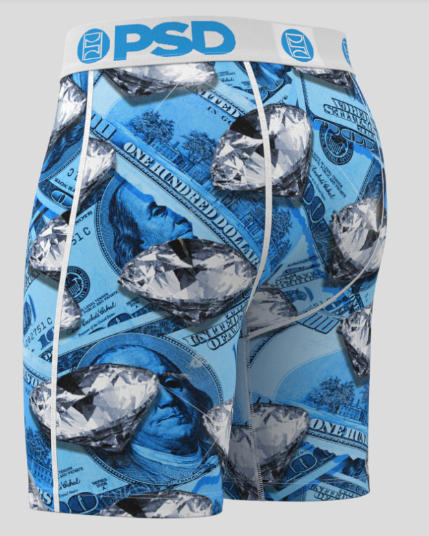 Boxer briefs with dollar bill and diamond pattern on a gray background